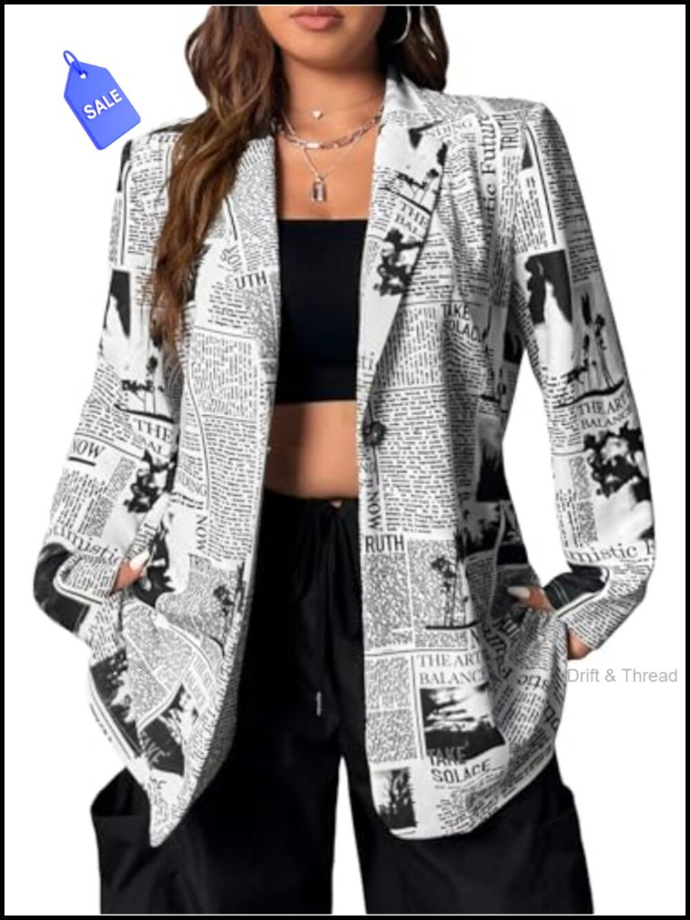 WDIRARA Women's Newspaper Print Single Button Blazer Lapel Collar Long Sleeve